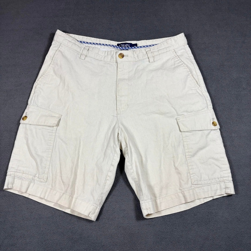 Chaps Cargo Shorts Mens 34 Beige Linen Blend Casual Utility